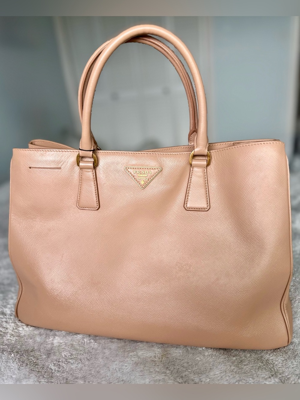 Authentic Prada Galleria Saffiano Large Leather Tote in Caramel with Gold